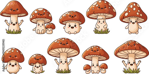 Cute Cartoon Mushroom Characters Vector Collection with Happy Forest Fungi Mascots, Kawaii Style Toadstools with Faces and Grass Elements Isolated Illustration Set