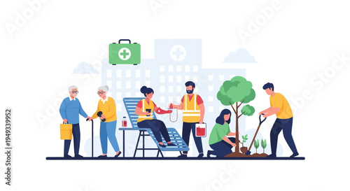 Community Service & Social Responsibility: Volunteers Providing Elderly Care, Blood Donation Support, and Environmental Tree Planting