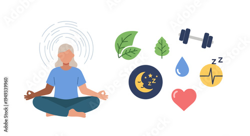 Holistic Wellness Concept: Meditating Woman with Icons for Health, Sleep, Exercise, Nature & Hydration