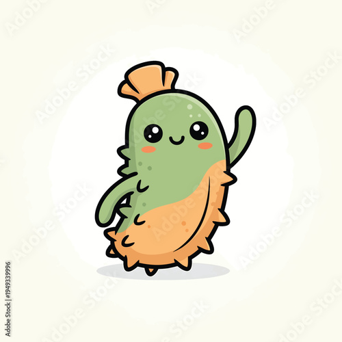 A cartoon character with a green and orange body. Its black-outlined form waves with a big smile, appearing cheerful and friendly