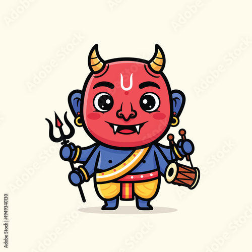 A cartoon character with a red face, horns, and large eyes. He's holding a trident and drum. His attire features a blue tunic and yellow pants