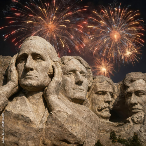 Four presidents on Mount Rushmore are surrounded by fireworks, while George Washington is covering his ears