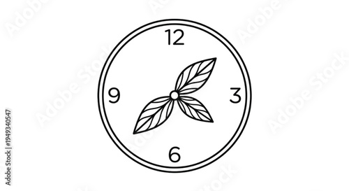 minimalist line art of a clock with leaves as hands. Vector icon representing environmental sustainability, seasonal growth, and green living.