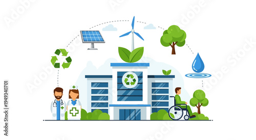 Sustainable Green Hospital: Eco-Friendly Healthcare Facility with Renewable Energy, Recycling, Doctor, Nurse, and Patient Care Concept.