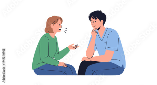 Two People Conversing and Actively Listening - Communication and Dialogue Vector Illustration