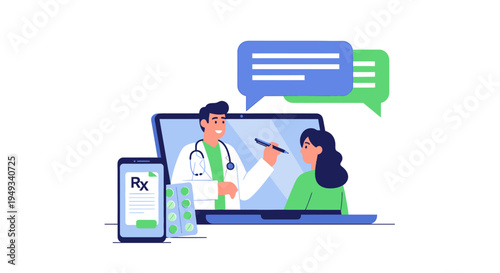 Telemedicine Online Doctor Consultation. Patient Consulting Doctor on Laptop, Receiving Digital Prescription & Medication. Virtual Healthcare & Remote Medical Service.