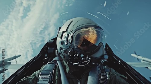 Close up of a military fighter pilot wearing a helmet and oxygen mask flying a jet aircraft in the clouds, with missiles visible on the wings. View from inside the cockpit during a mission