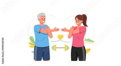 Intergenerational Fitness: Senior Man and Young Woman Stretching for Active Aging and Holistic Wellness