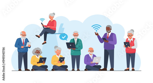Diverse Senior Adults Actively Engaging with Modern Digital Technology & Wi-Fi Connectivity