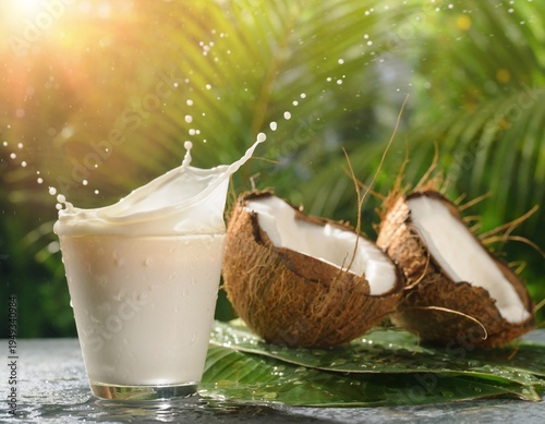 Tropical Coconut Milk Splash with Fresh Coconut Pieces and Creamy Beverage