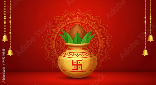 Golden kalash with temple bell on red background for Hindu festival