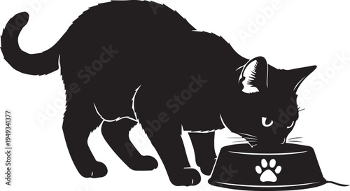 Black silhouette of a cat eating from a food bowl with paw print icon