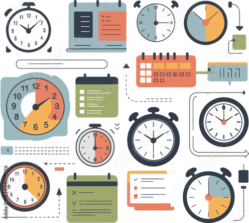 Collection of stylized clocks and calendars illustrating time management and scheduling concepts flat design stock illustration