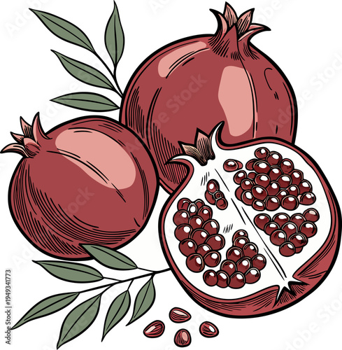 A detailed illustration of pomegranates, set against a plain white background. The image showcases three whole pomegranates and two halved, cut open pomegranates, revealing the juicy, red seeds. The w