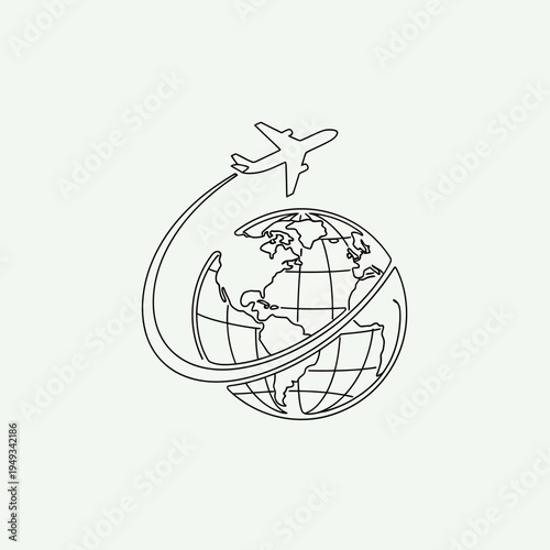 Airplane circumnavigating globe travel concept isolated white background
