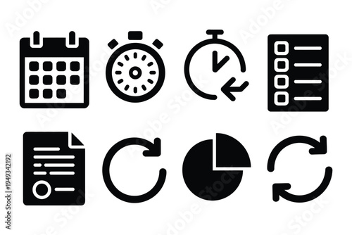 Magnet therapy solid vector icons, therapy protocols, daily use calendar, timed session icon, duration tracking meter, alternative wellness treatment concept.