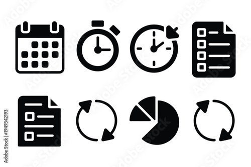 Magnet therapy solid vector icons, therapy protocols, daily use calendar, timed session icon, duration tracking meter, alternative wellness treatment concept.