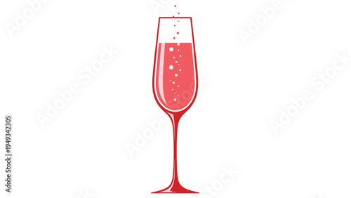 Elegant illustration of a tall thin glass filled with a sparkling pink rose or champagne drink with bubbles.