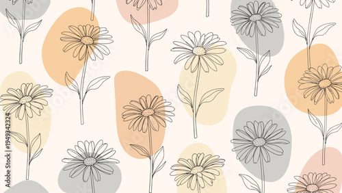 Beautiful seamless pattern featuring hand drawn flowers over soft pastel colored organic shapes on cream background.