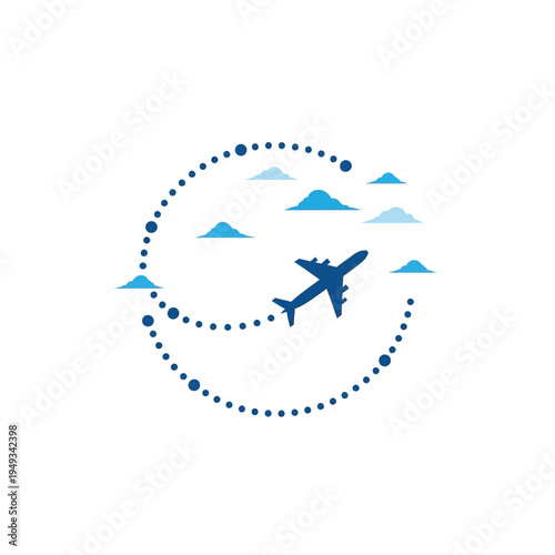 Airplane flying through stylized clouds symbol of travel and transportation
