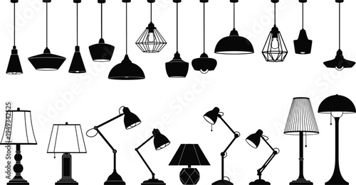Set of modern lighting fixtures, featuring pendant lamps, desk lights, floor lamps, and chandeliers in black silhouette vector icons for interior design concepts.