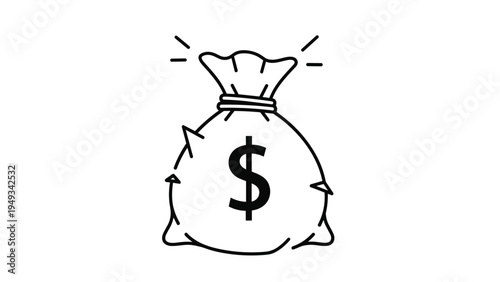 Simple black outline drawing of a bulging money bag with a dollar sign on the front and lines suggesting it is full.