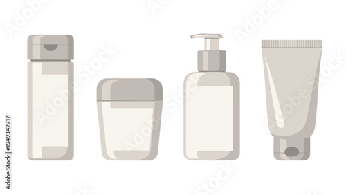 Set of four diverse cosmetic containers including a shampoo bottle, cream jar, pump dispenser, and squeeze tube shown in a neutral gray color palette.