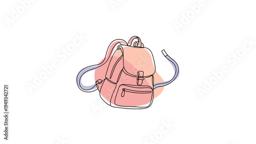 Modern artistic rendering of a backpack using continuous line drawing techniques with soft pink and blue color splashes on a white background surface.