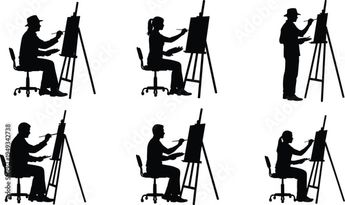 Artist painting on canvas silhouette collection, painters working with easel and brush, creative art studio activity, male and female painters illustration set