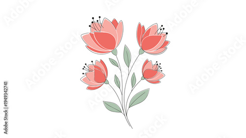 Small bunch of four pink flowers with green leaves and delicate stems shown in a simple illustrative style on white.