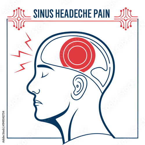 A vector graphic illustration of a man's head with a red circle indicating sinus headache pain