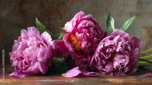 Beautiful pink  peonies on bright rustic background 