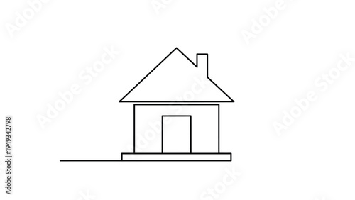 Very simple black line drawing of a house with a triangular roof, chimney, and one central door on a white background.