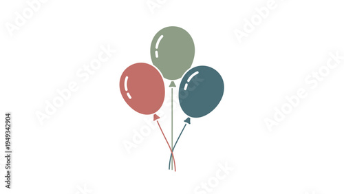 Three colorful party balloons in shades of muted red, green, and blue are tied together with strings and floating in a group against a white backdrop.
