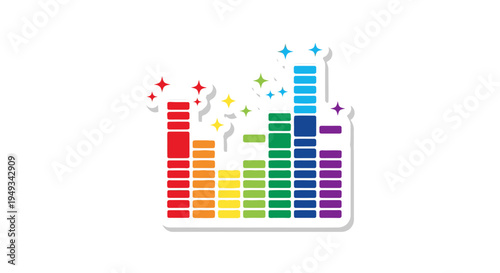 Colorful equalizer bars with sparkles and stars, representing music, sound, and audio visualization.