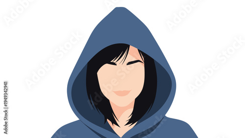 Faceless female avatar wearing a dark blue hoodie with black hair for a generic user profile or mysterious character illustration.