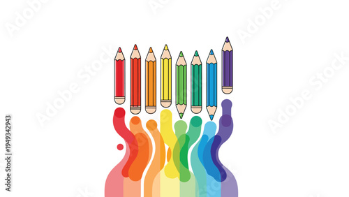 Row of colored pencil tips dripping with matching paint streaks in a vibrant rainbow spectrum on a white background.