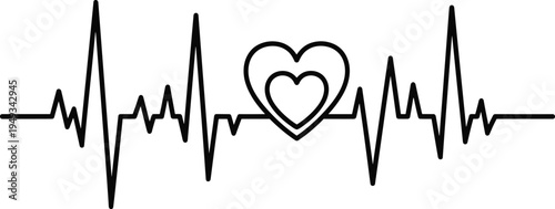 Black and white minimalist heartbeat line vector with heart symbol icon for medical pulse, cardiology health, romantic love connection, and clinical wellness design projects.