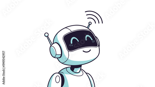 Friendly white robot head and upper body with a smiling face and small antennas against a clean white background.