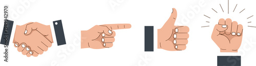Set of Hand Gestures Including Handshake, Pointing Finger, Thumbs Up, and Fist Bump Icons for Communication and Interaction