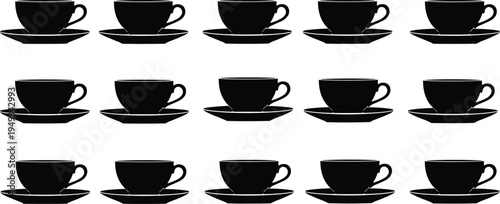 Black silhouette coffee cup and saucer pattern set, repeating tea cup icons collection, minimal beverage symbol background for cafe menu, kitchen design, drink concept