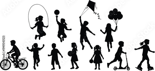 Children playing activities silhouette set with jumping rope, cycling, flying kite, scooter riding and balloons, happy kids outdoor play and childhood fun illustration