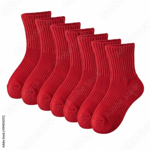 A row of red socks on a white background
