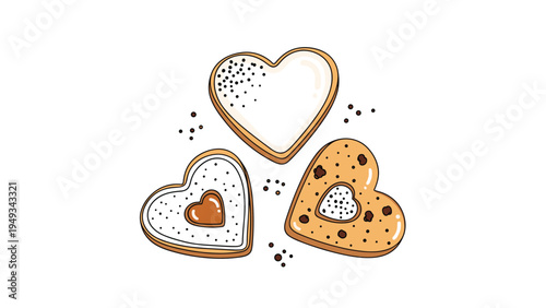 Trio of delicious heart-shaped cookies with different frosting and sprinkle patterns for a sweet valentine's day celebration theme.