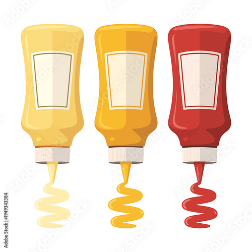 Three squeeze bottles of sauce condiments pouring out ketchup mustard and mayonnaise
