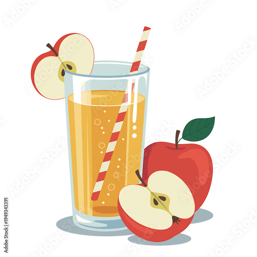 Cartoon illustration of apples with a glass of apple juice and straw