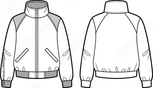 Bomber jacket vector illustration, zip up casual outerwear with pockets, front and back view fashion clothing design template, modern streetwear apparel