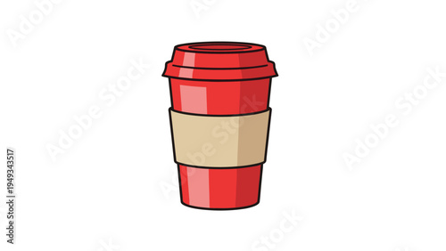 Red disposable coffee cup with a brown cardboard sleeve and a matching lid shown in a clean illustrative style on white.