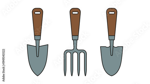 Three gardening tools with brown handles and gray metal heads isolated on white background