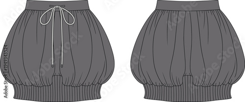 Gray balloon mini skirt vector illustration, drawstring waist gathered skirt design, front and back view women fashion clothing template